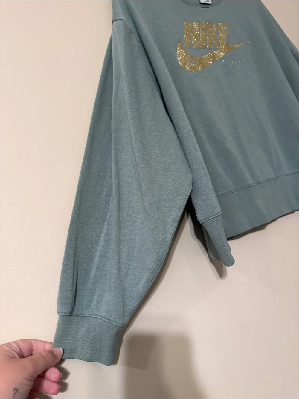 Nike Sage Green Crewneck Sweatshirt with Metallic Gold Swoosh